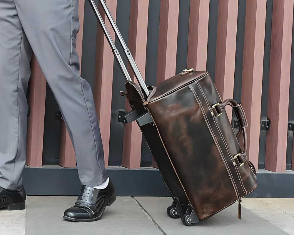 leather luggage on wheels