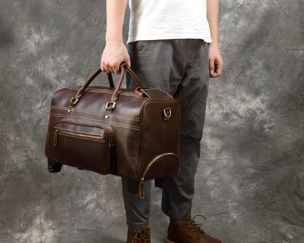 leather luggage on wheels